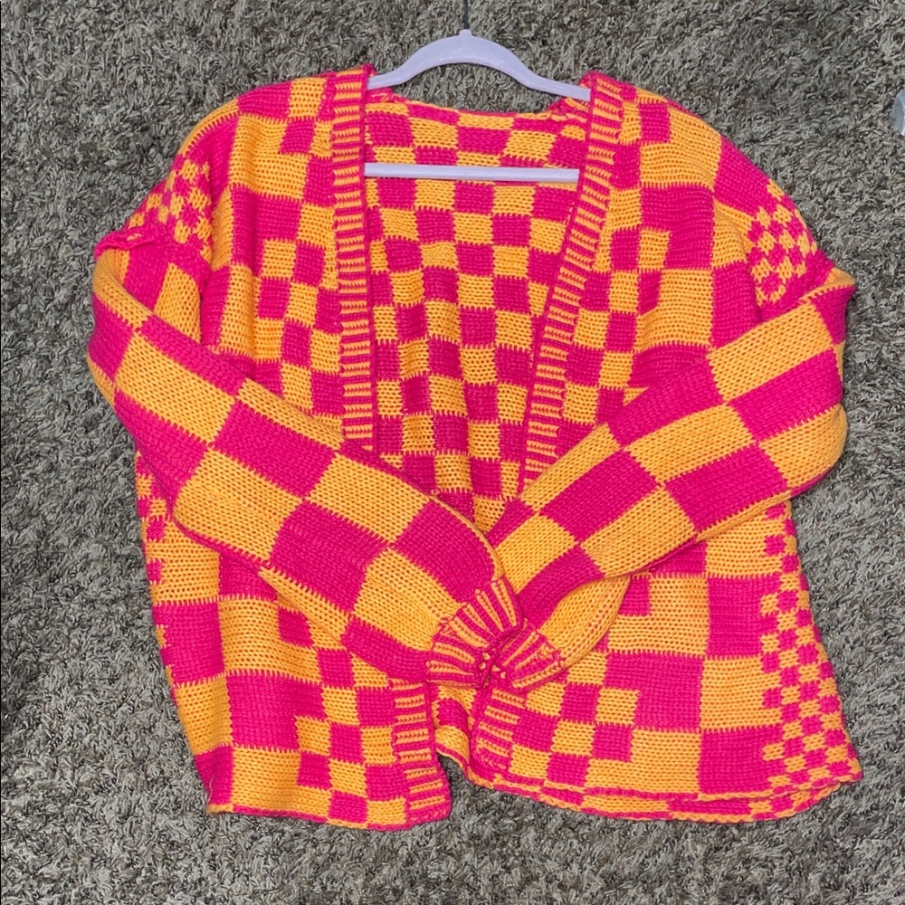 Vibrant Pink and Orange Checkered Sweater